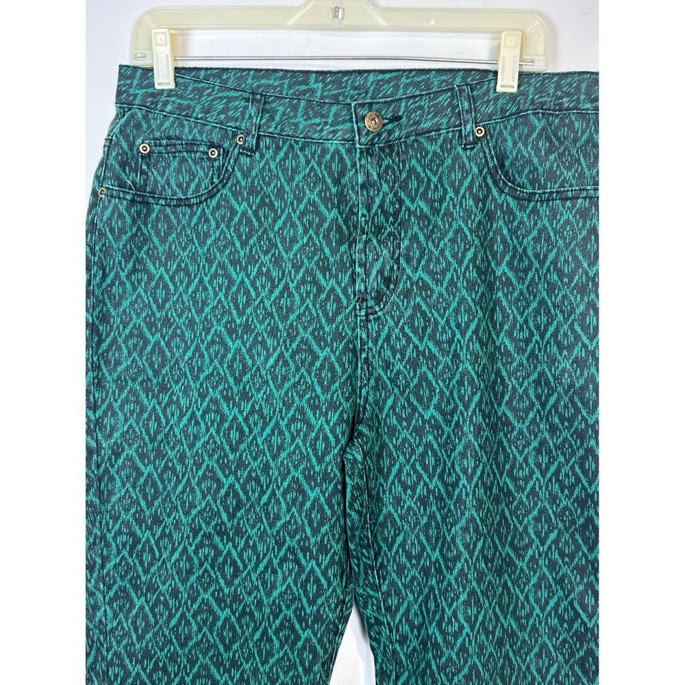 Green Ikat Diamond Pattern Straight Leg Pants Women Green Black Geometric Print - Picture 3 of 11